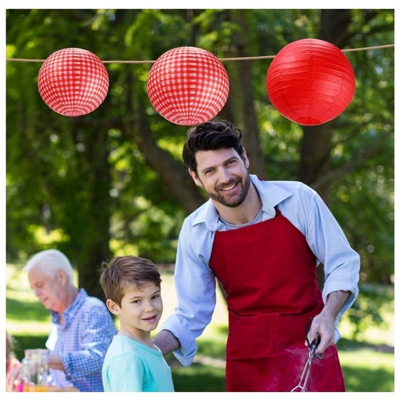 Red check paper lanterns Picnic Party Decorations Round Hanging 12 in 6 pc. NWT - Picture 6 of 8